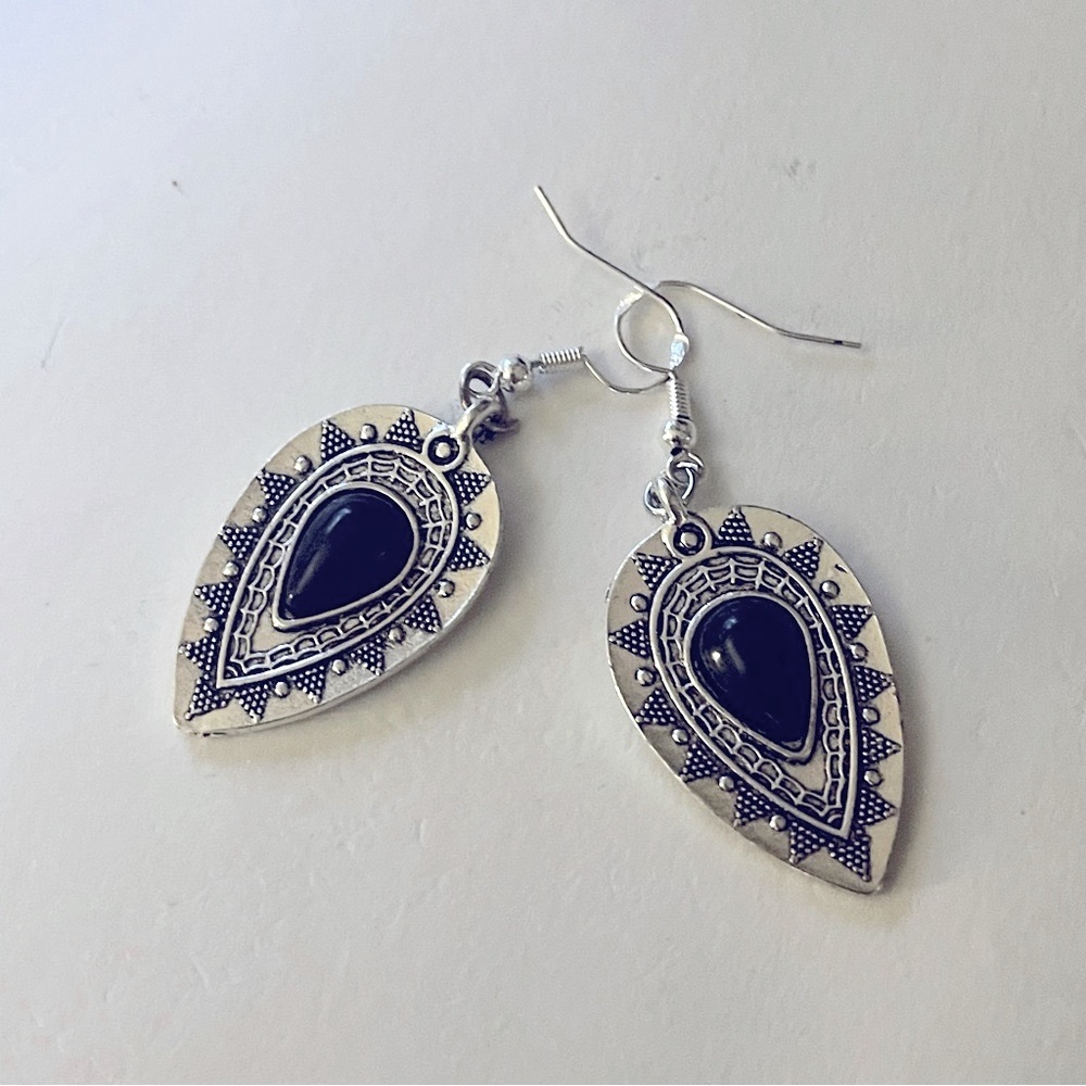 New S925 Sterling Silver Artisan Natural Polished Black Onyx Tibetan Earrings - Picture 12 of 13